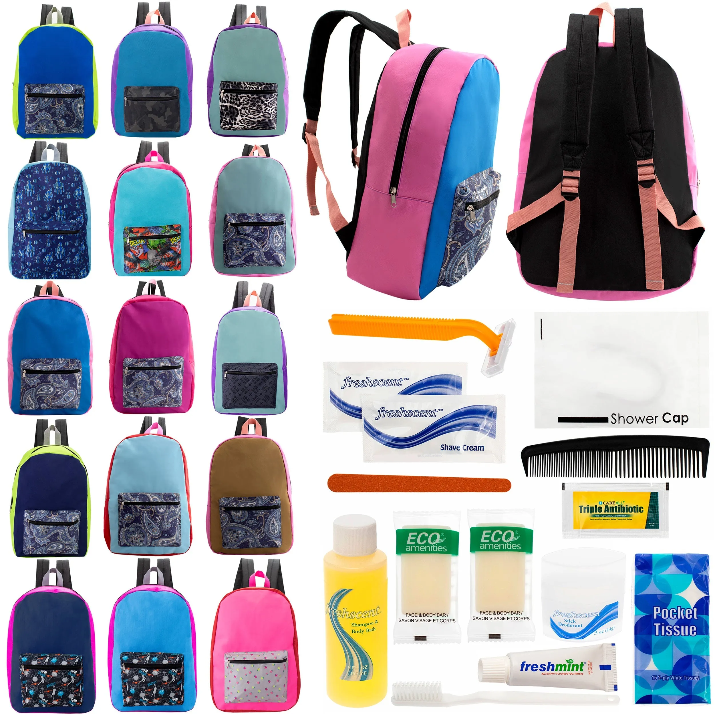 12 17" Backpacks in Assorted Random Prints & Your Choice of 12 Bulk Hygiene Kits - Wholesale Care Package: Homeless, Emergency, Charity