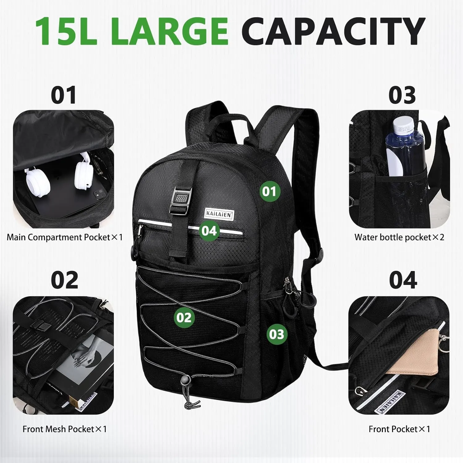 15L Hiking Backpack,Small Packable BackpackWater Resistant Lightweight Hiking Daypack for Outdoor Hiking, Cycling, Camping(Black)