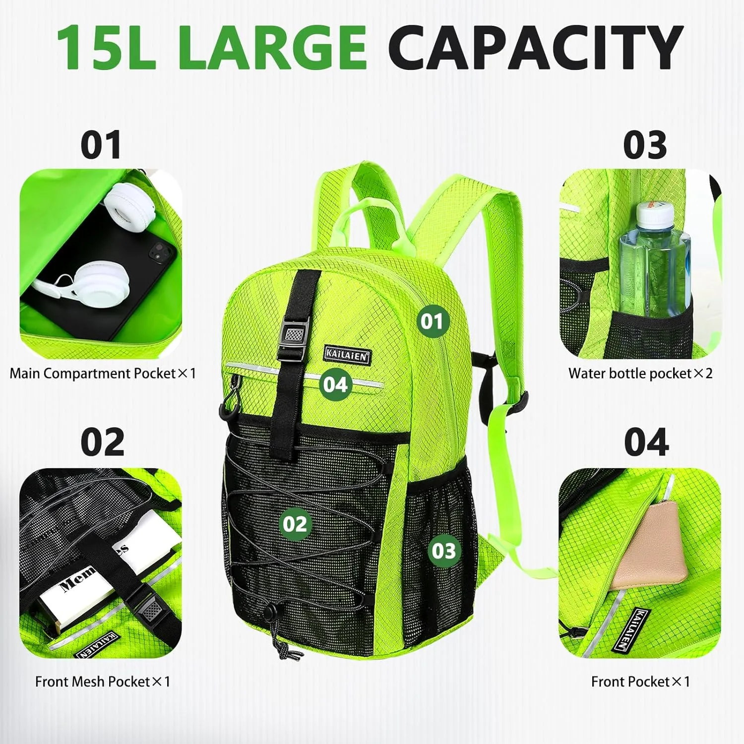 15L Hiking Backpack,Small Packable BackpackWater Resistant Lightweight Hiking Daypack for Outdoor Hiking, Cycling, Camping(Fluorescent Green)