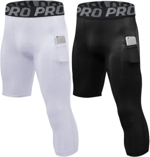 2 Pack 3/4 Mens Compression Pants One Leg Compression Tights for Basketball Running Leggings Athletic Base Layer