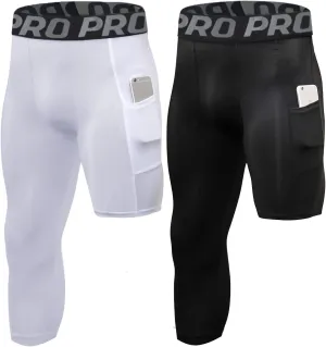 2 Pack 3/4 Mens Compression Pants One Leg Compression Tights for Basketball Running Leggings Athletic Base Layer