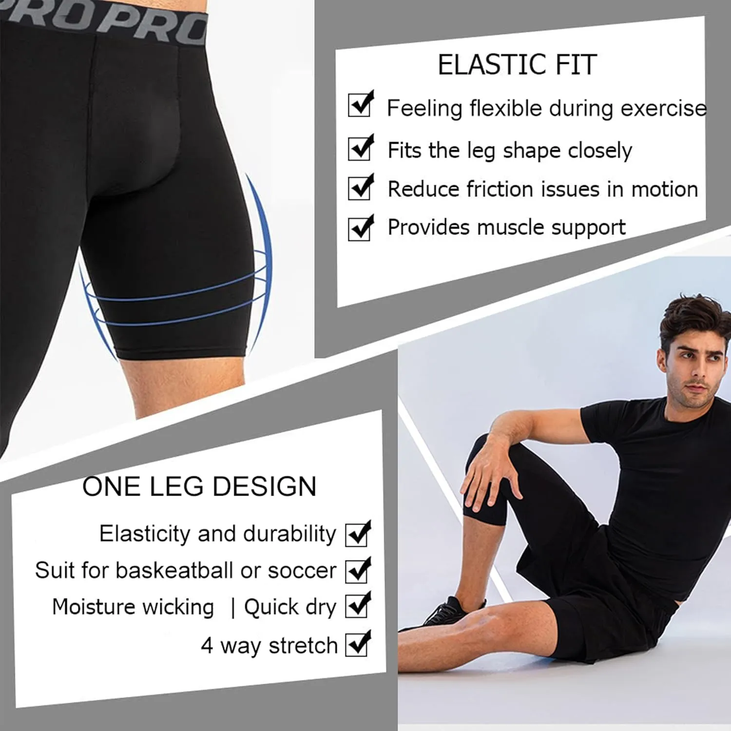2 Pack 3/4 Mens Compression Pants One Leg Compression Tights for Basketball Running Leggings Athletic Base Layer