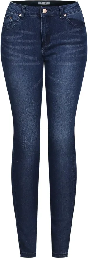 2LUV Women's Stretchy 5 Pocket Dark Denim Skinny Jeans