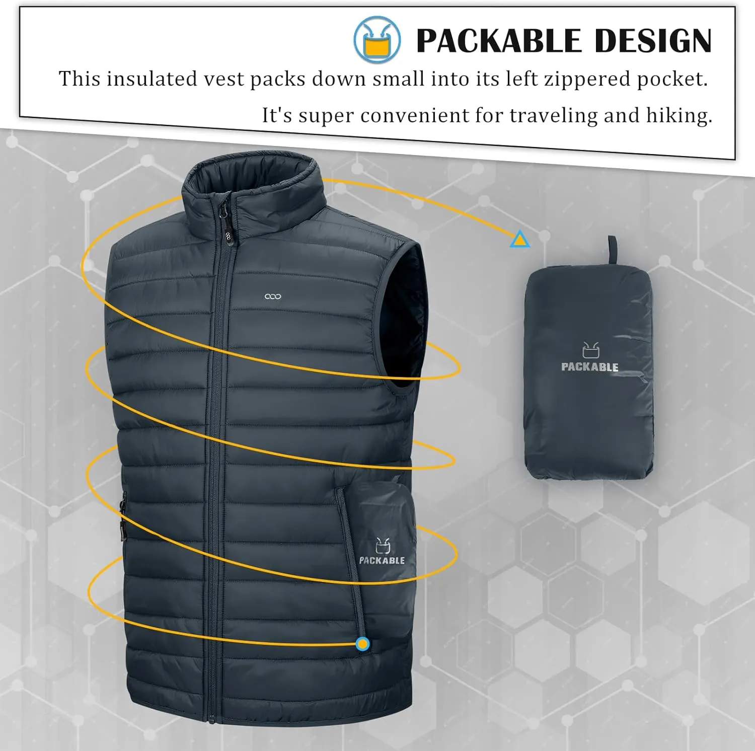 33,000ft Men's Lightweight Packable Insulated Puffer Vest Outerwear, Warm Winter Sleeveless Jacket for Golf Running