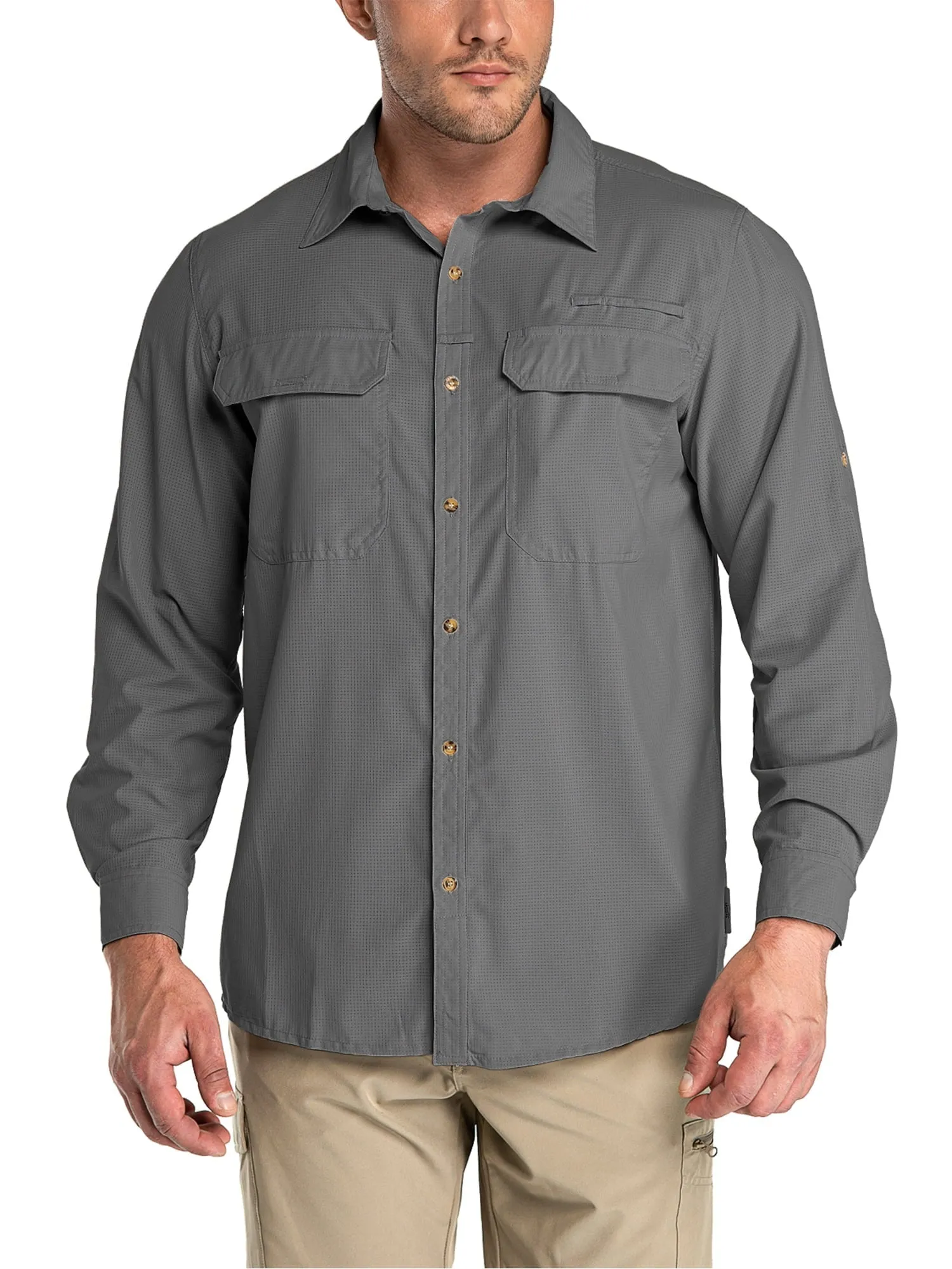 33,000ft Men's Long Sleeve Sun Protection Shirt UPF 50  UV Quick Dry Cooling Fishing Shirts for Travel Camping Hiking Grey Large