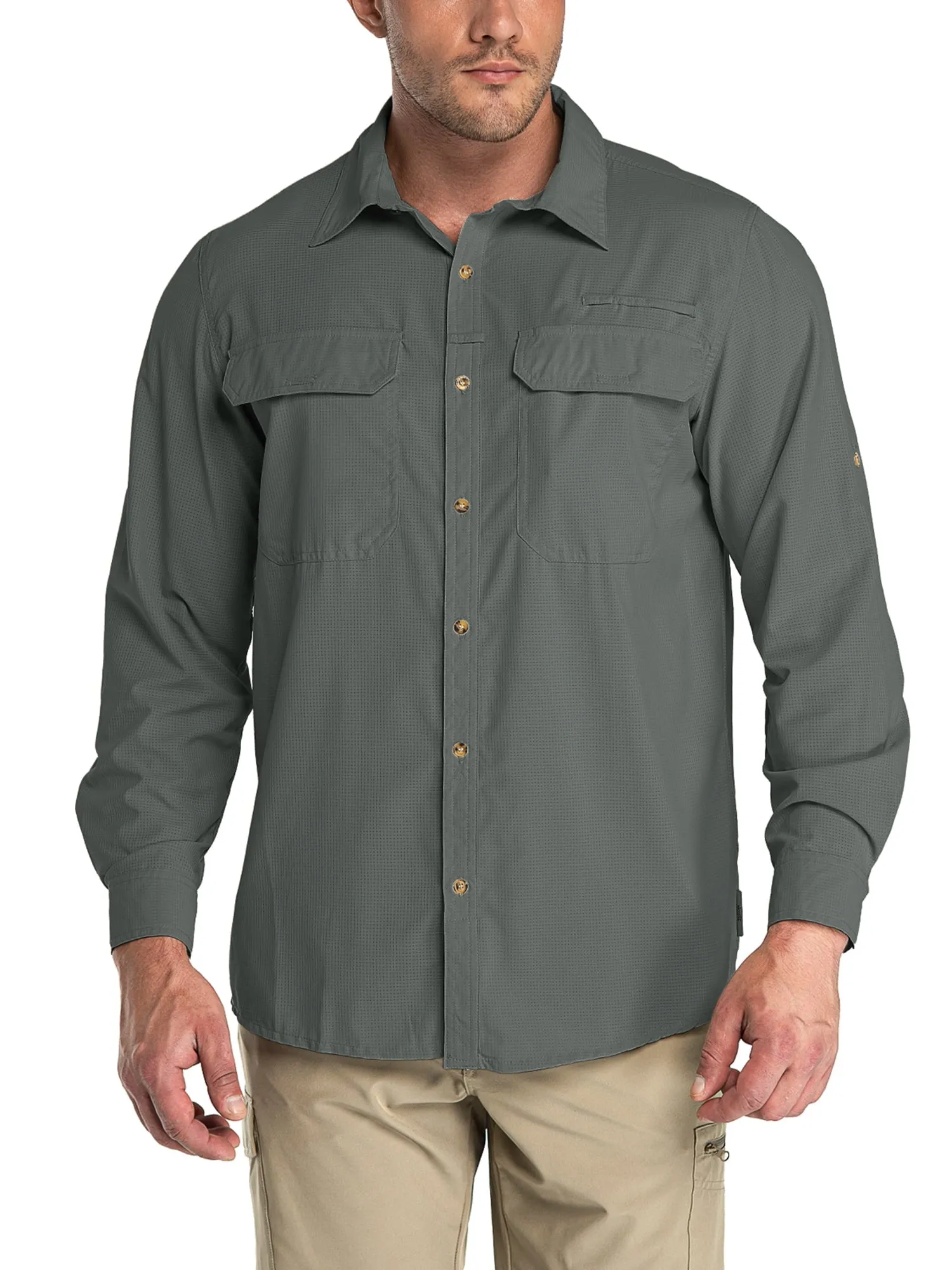 33,000ft Men's Long Sleeve Sun Protection Shirt UPF 50  UV Quick Dry Cooling Fishing Shirts for Travel Camping Hiking Grey Large