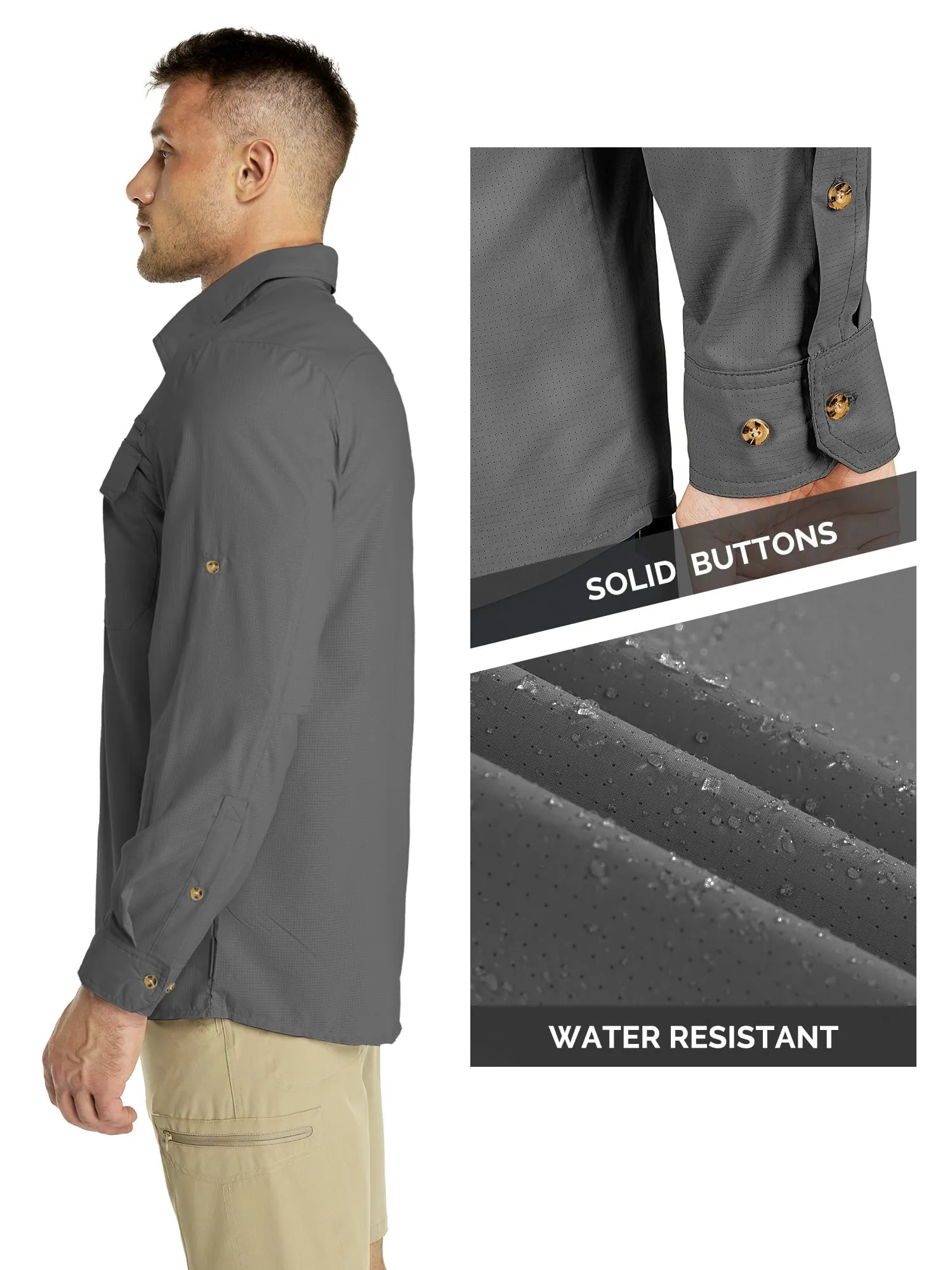33,000ft Men's Long Sleeve Sun Protection Shirt UPF 50  UV Quick Dry Cooling Fishing Shirts for Travel Camping Hiking Grey Large