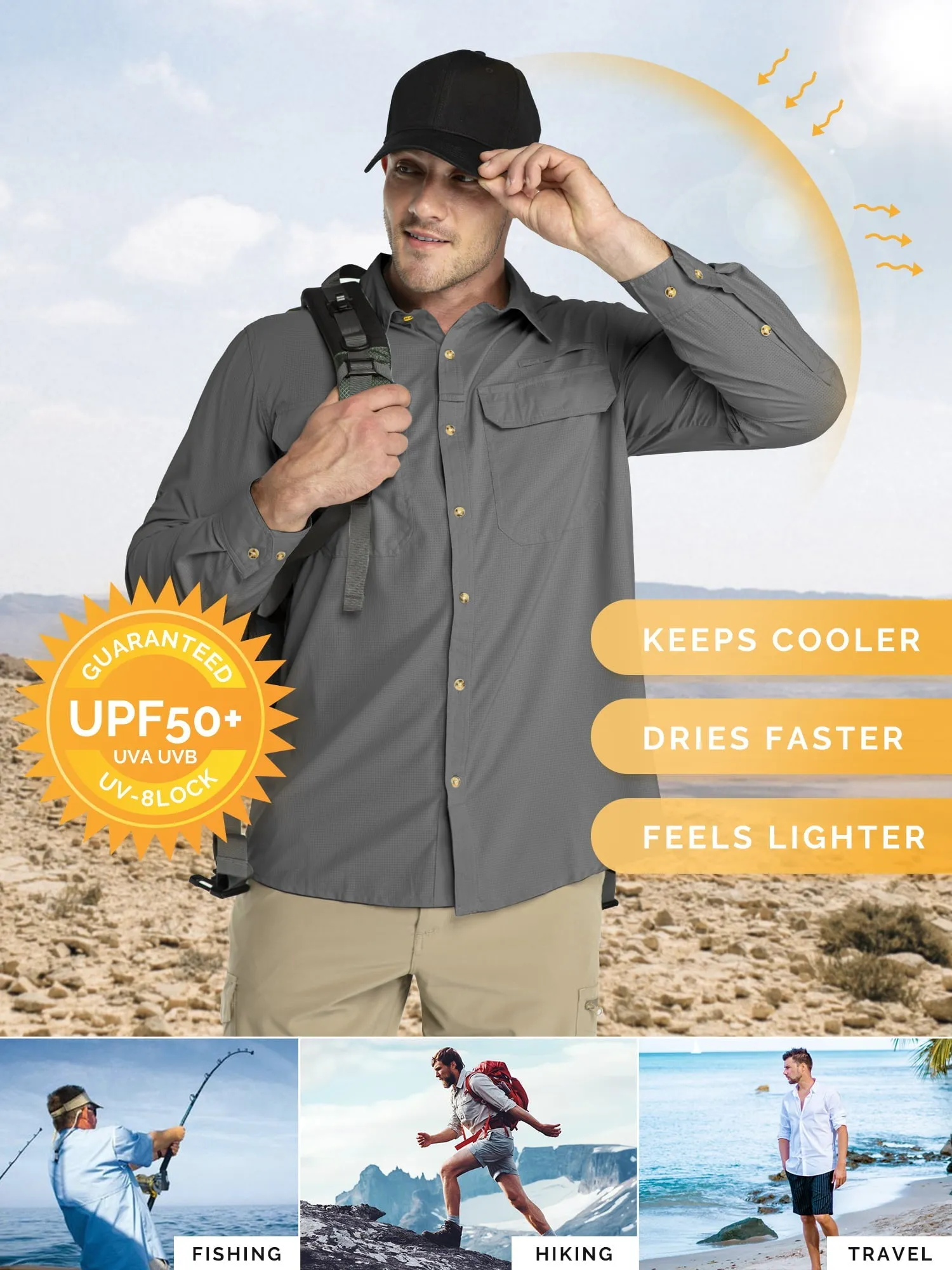 33,000ft Men's Long Sleeve Sun Protection Shirt UPF 50  UV Quick Dry Cooling Fishing Shirts for Travel Camping Hiking Grey Large