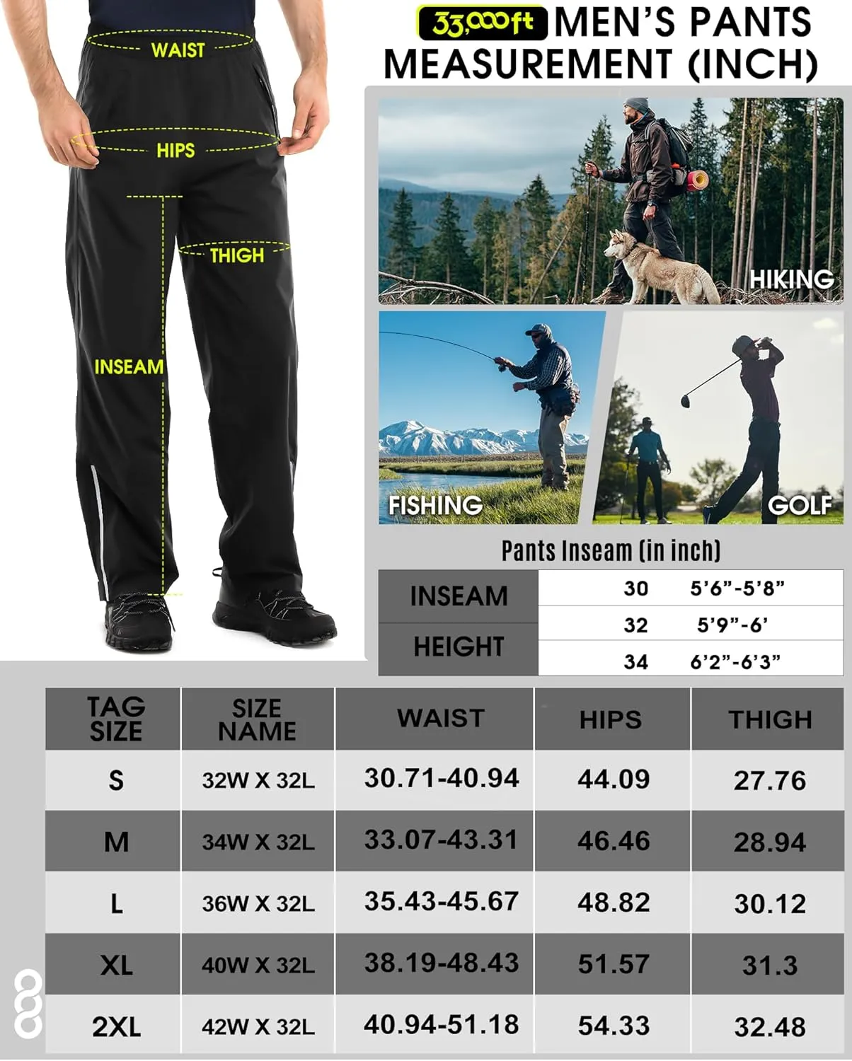 33,000ft Men's Rain Pants Waterproof, Windproof Lightweight Outdoor Rain Over Pants for Fishing Golf Work Hiking