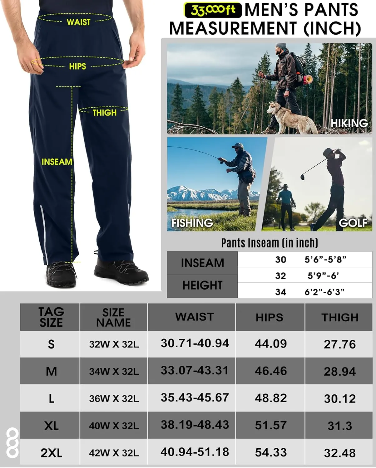 33,000ft Men's Rain Pants Waterproof, Windproof Lightweight Outdoor Rain Over Pants for Fishing Golf Work Hiking