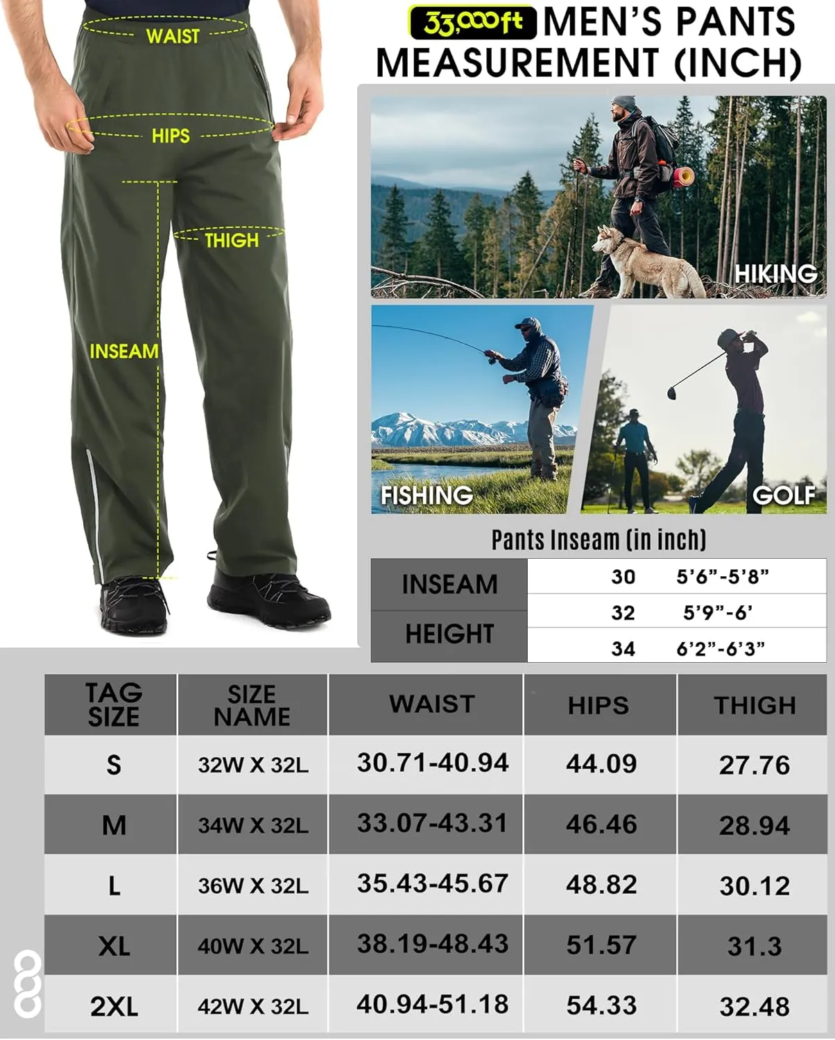 33,000ft Men's Rain Pants Waterproof, Windproof Lightweight Outdoor Rain Over Pants for Fishing Golf Work Hiking