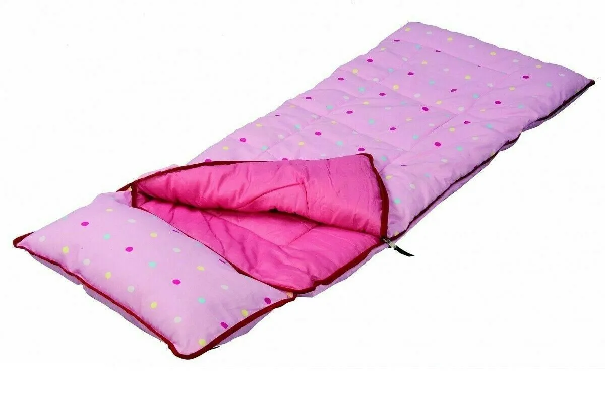 4 Seasons Deluxe Junior Pink Dotty Sleeping Bag & Pillow Camping Children Kids