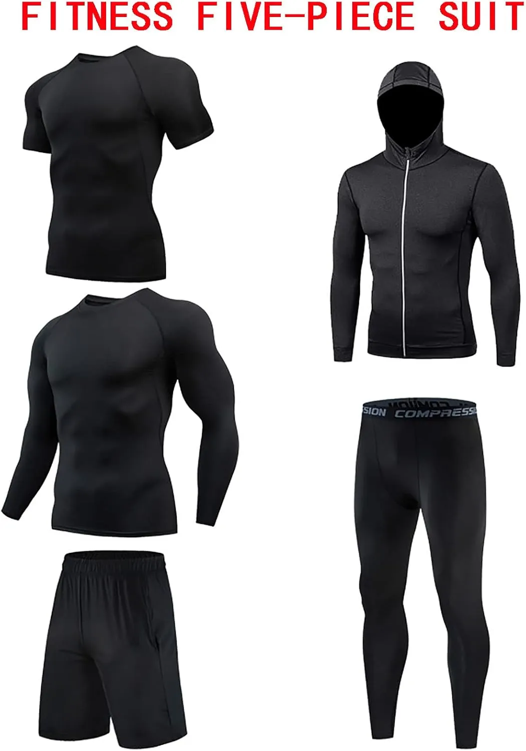 5Pcs Men's Workout Outfits Fitness Apparel Gym Running Compression Pants Shirt Top Long Sleeve Jacket 5-Piece