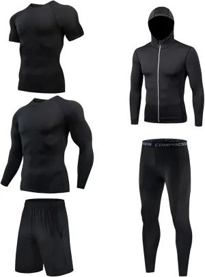 5Pcs Men's Workout Outfits Fitness Apparel Gym Running Compression Pants Shirt Top Long Sleeve Jacket 5-Piece