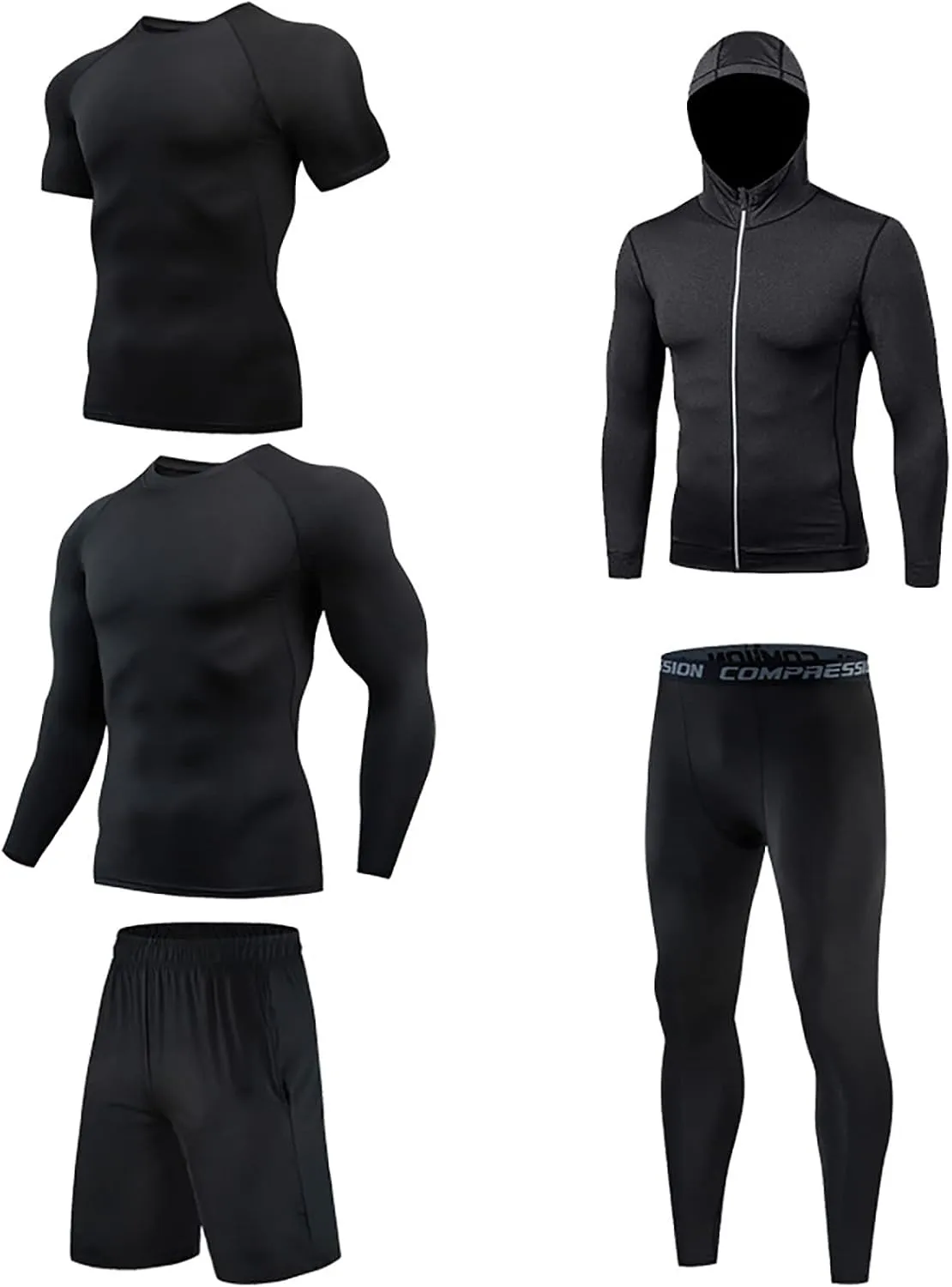 5Pcs Men's Workout Outfits Fitness Apparel Gym Running Compression Pants Shirt Top Long Sleeve Jacket 5-Piece