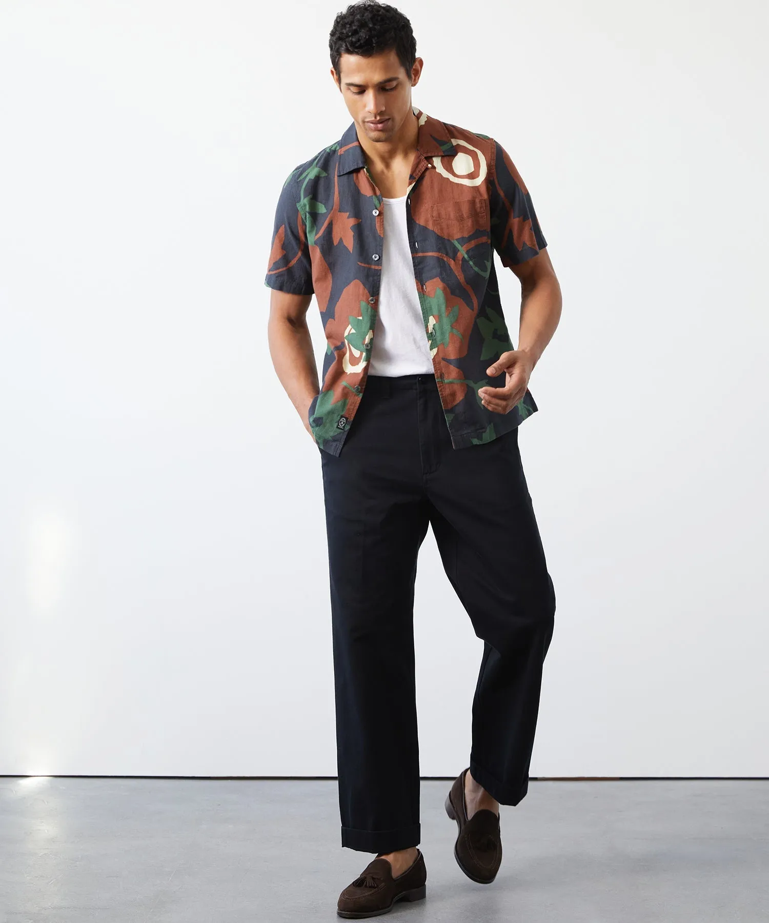 Abstract Floral Short Sleeve Camp Collar Shirt in Black Rust