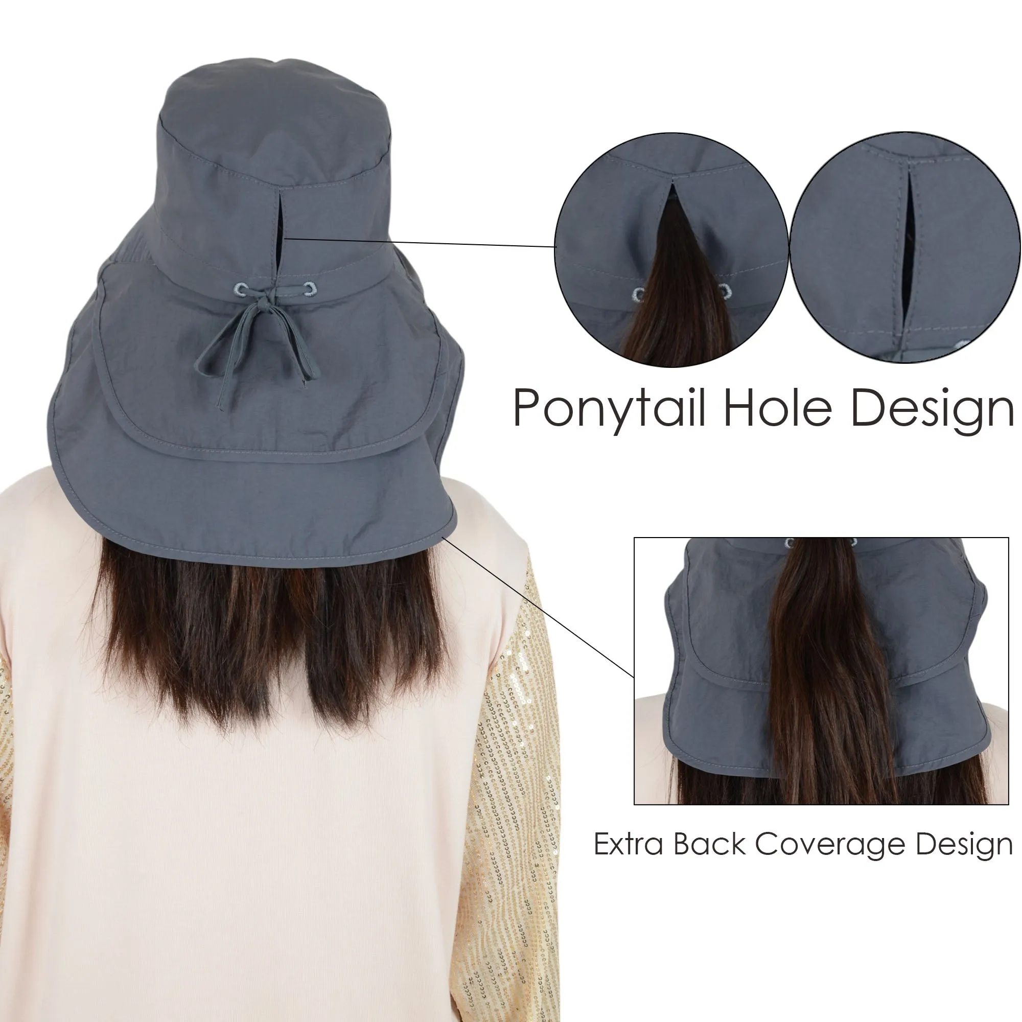 Alilang Womens Sun Hat Wide Brim Bucket Hats with Neck Flap and Ponytail Hole for Summer Beach Fishing Hiking