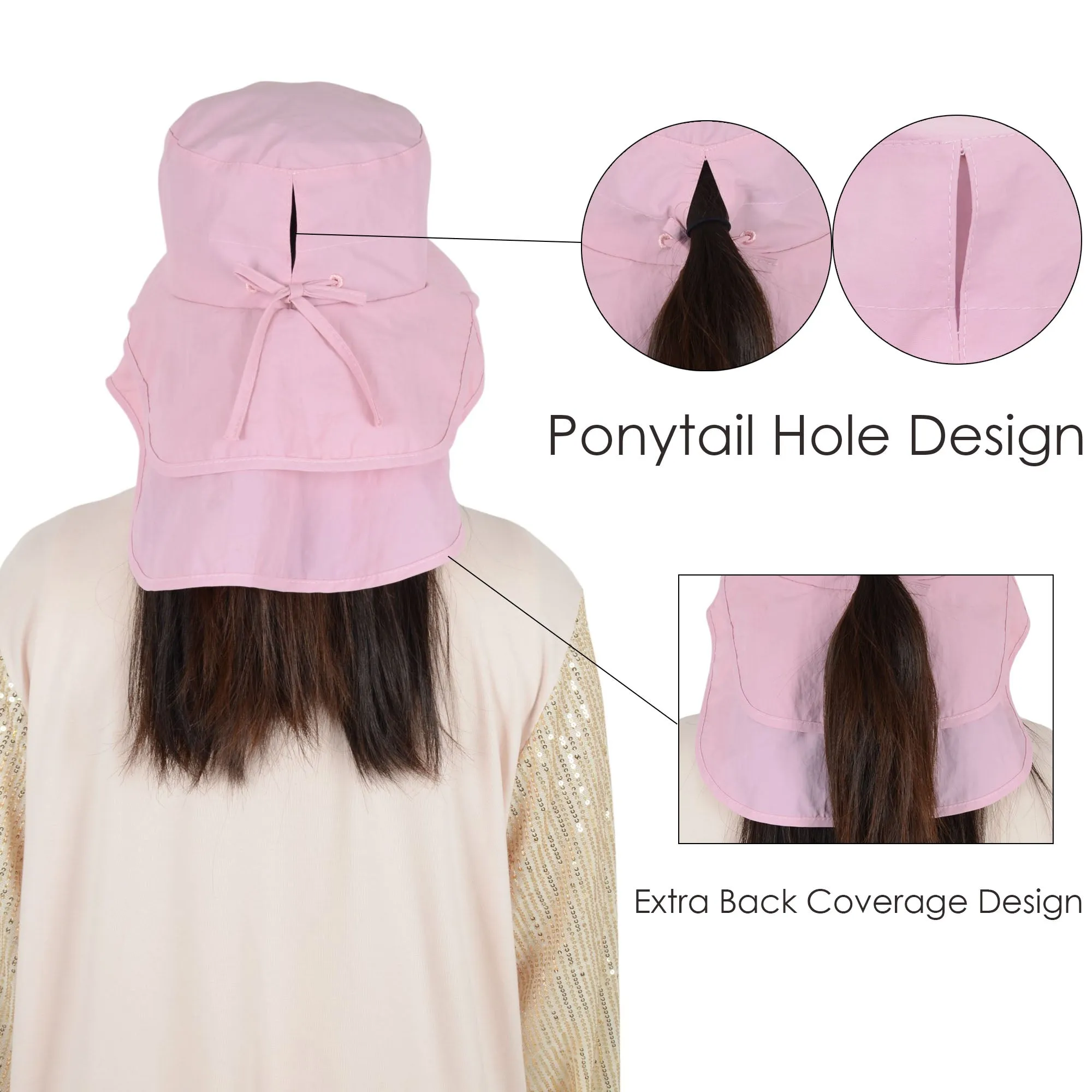 Alilang Womens Sun Hat Wide Brim Bucket Hats with Neck Flap and Ponytail Hole for Summer Beach Fishing Hiking
