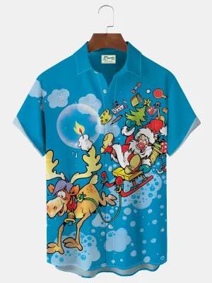 Alohadaddy Christmas Holiday Blue Men's Hawaiian Shirts Santa Elk Stretch Quick Dry Pocket Shirts