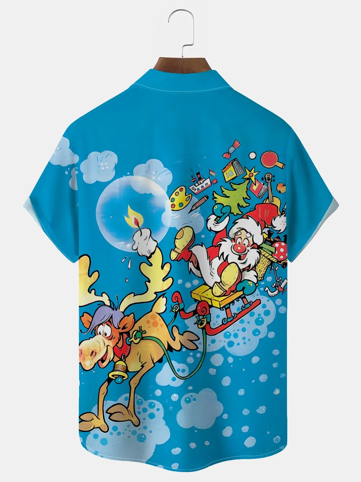 Alohadaddy Christmas Holiday Blue Men's Hawaiian Shirts Santa Elk Stretch Quick Dry Pocket Shirts