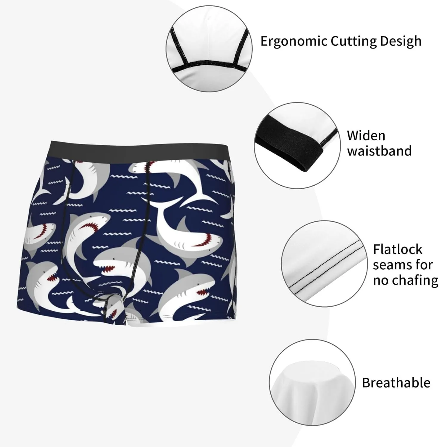 Angry Shark Print Boxer Briefs For Men Breathable Underwear-