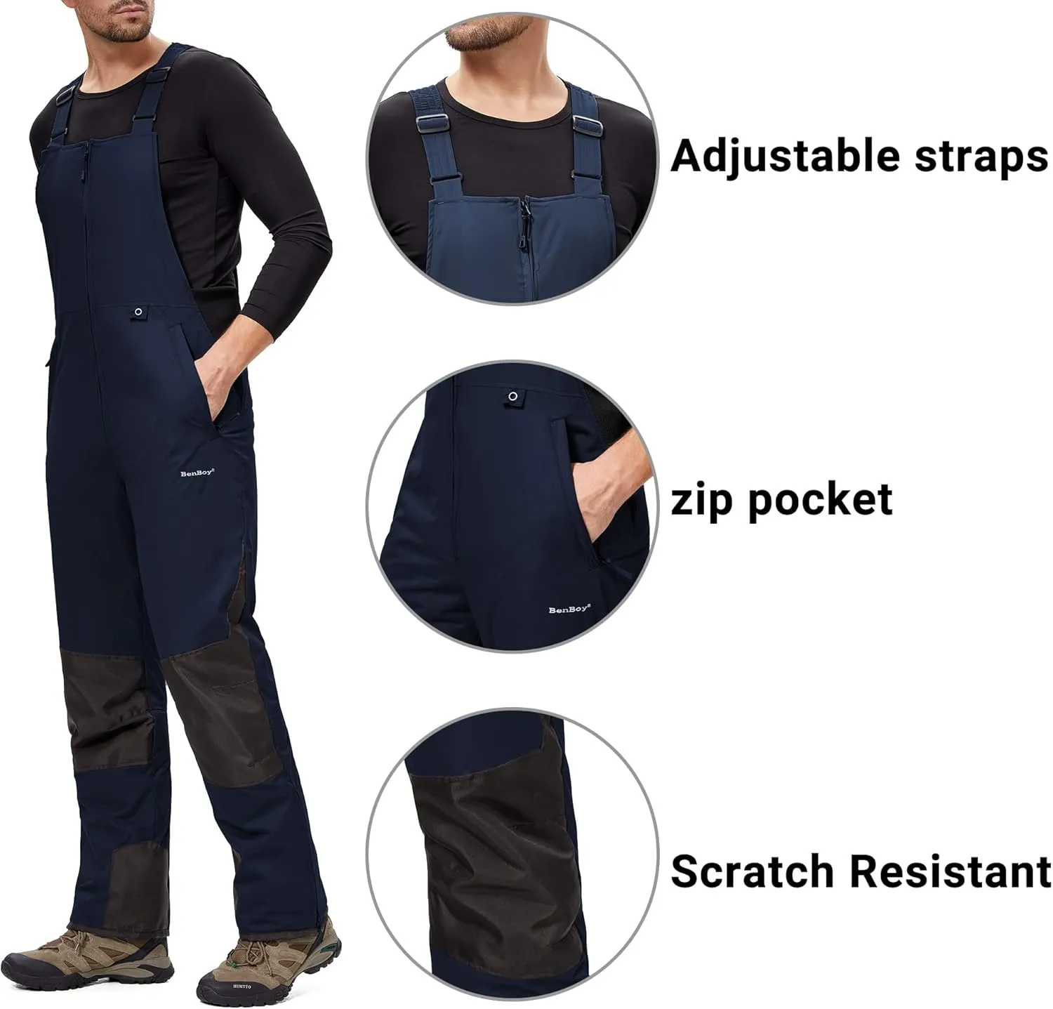 BenBoy Mens Snow Bibs Ski Pants Softshell Waterproof Insulated Ripstop Snowboarding Overalls Winter