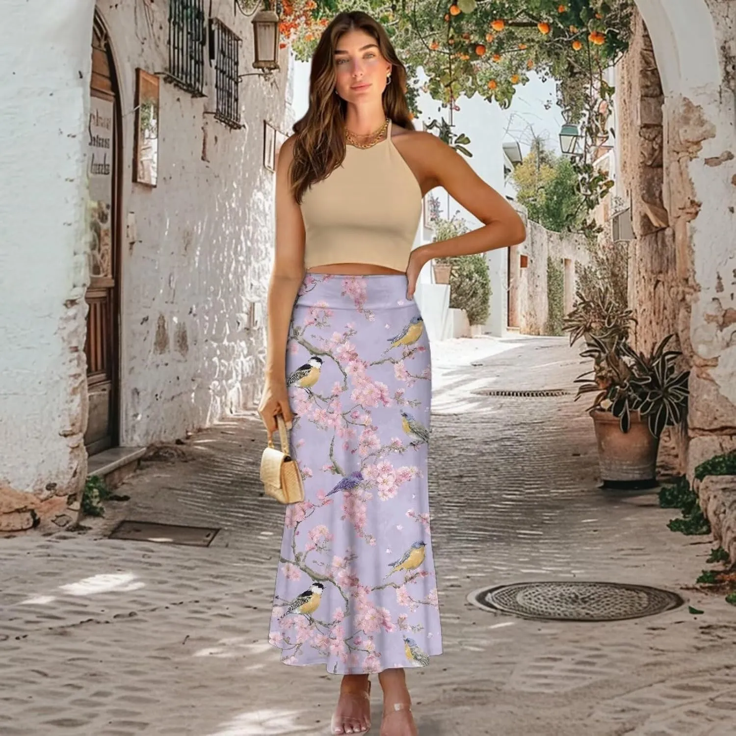 Biyejit Bodycon Maxi Skirts for Women, Foldover High Waist Flowy Pencil Long Skirts High Waist Floor Length Plus Size