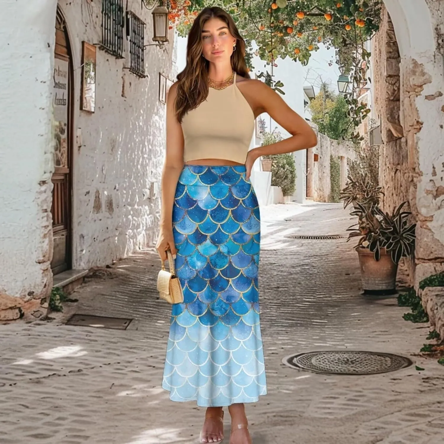 Biyejit Bodycon Maxi Skirts for Women, Foldover High Waist Flowy Pencil Long Skirts High Waist Floor Length Plus Size