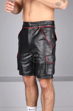 Black Leather Cargo Short - Red Piping