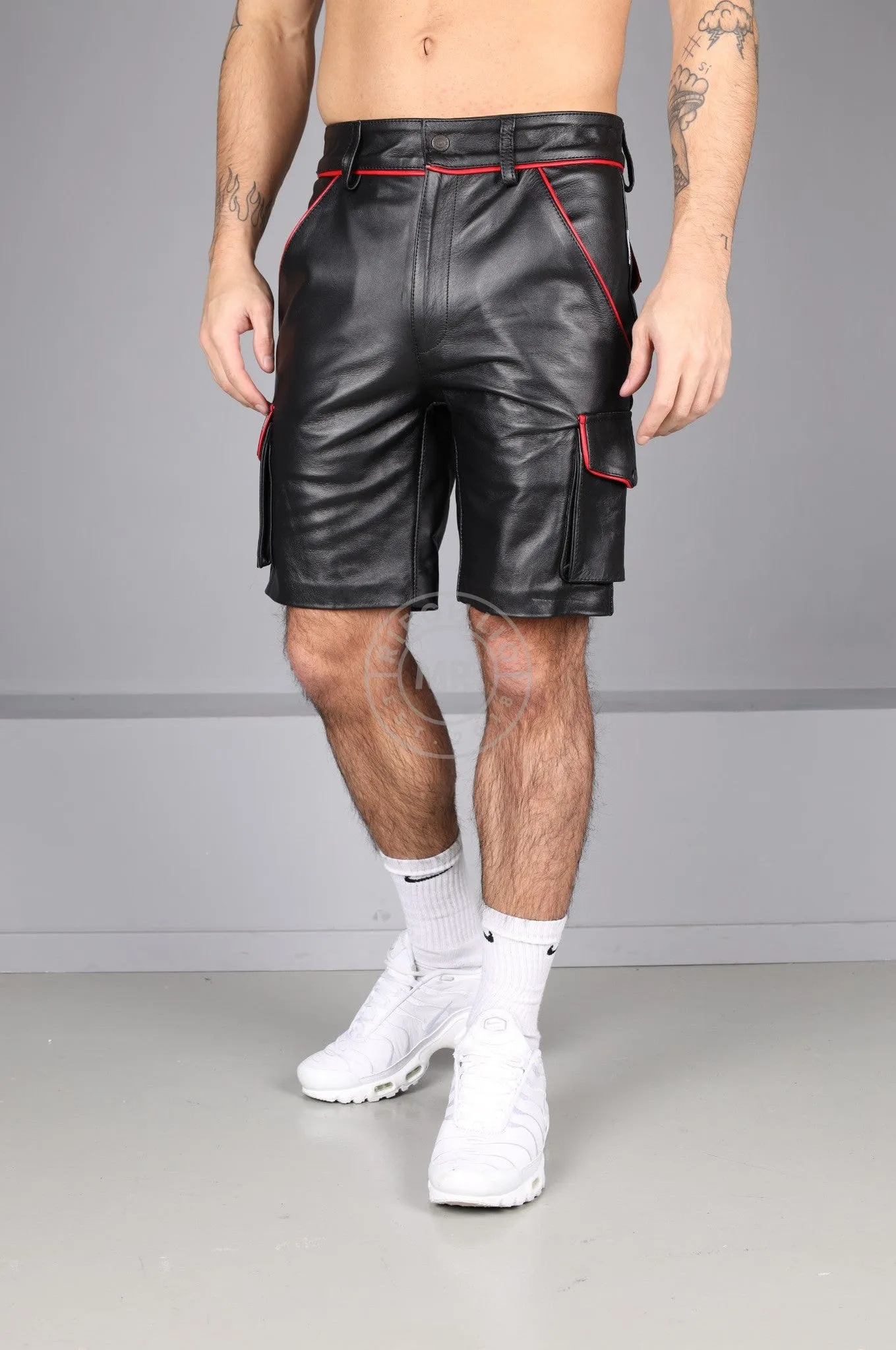 Black Leather Cargo Short - Red Piping