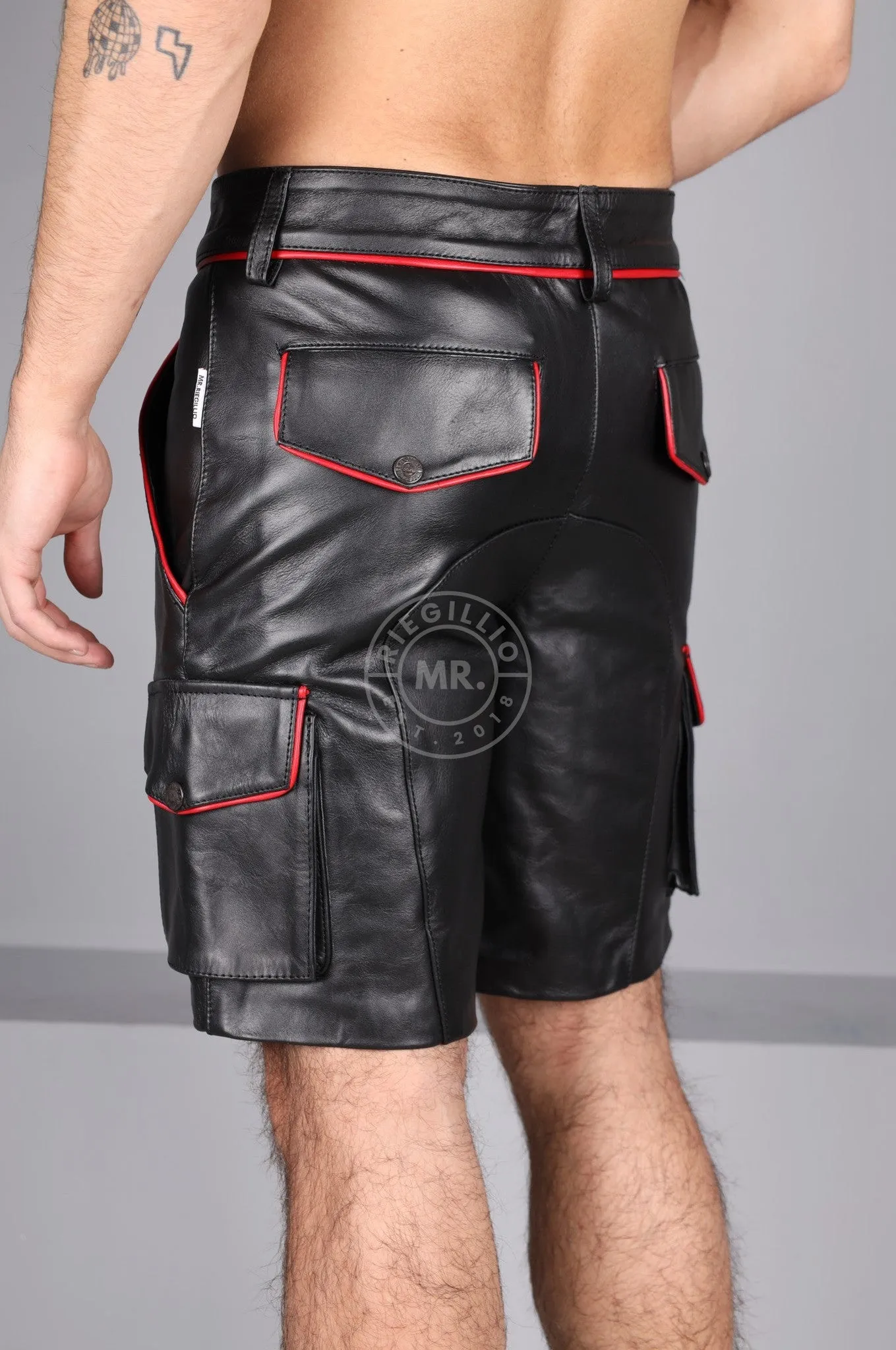Black Leather Cargo Short - Red Piping