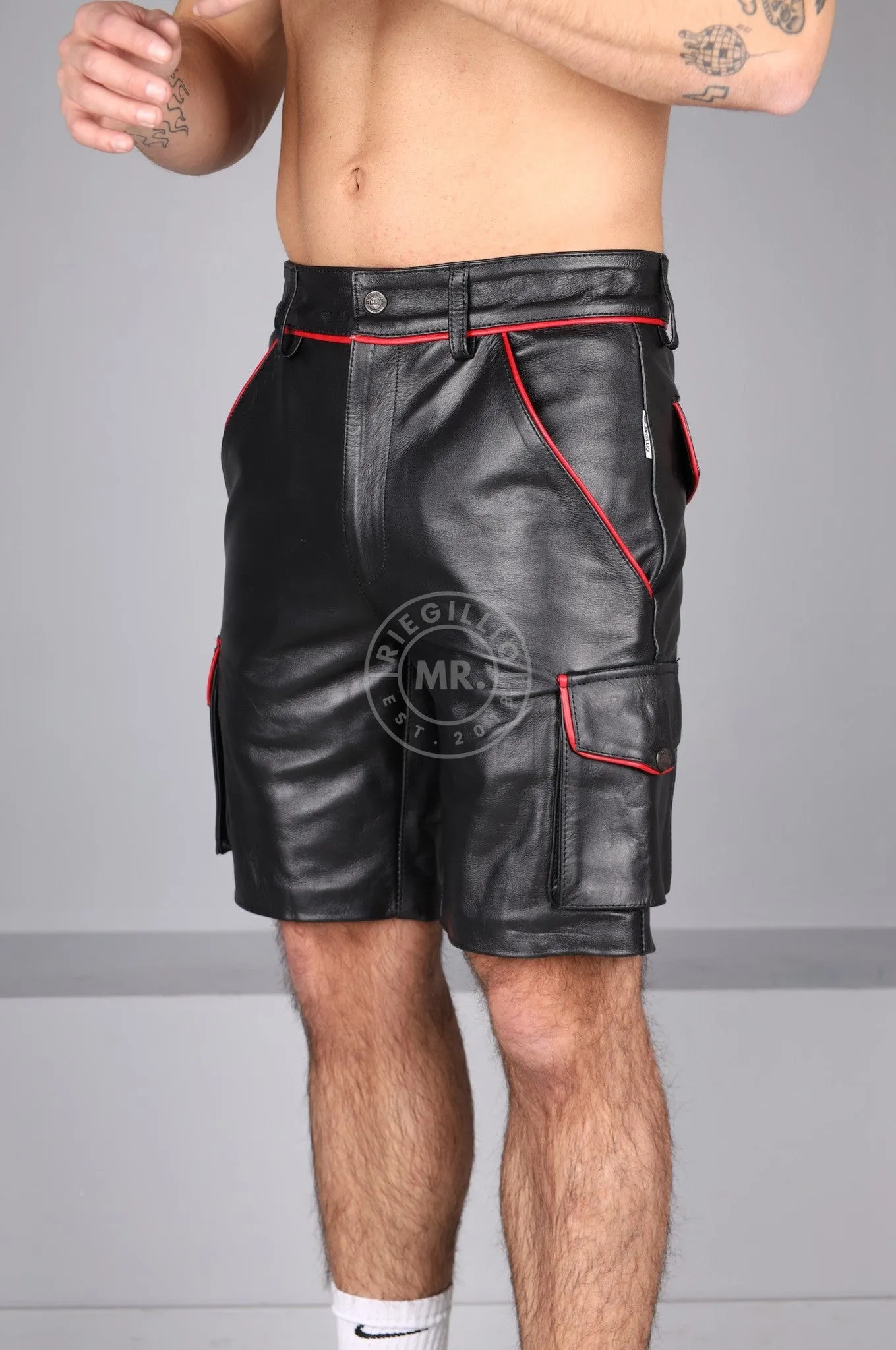 Black Leather Cargo Short - Red Piping
