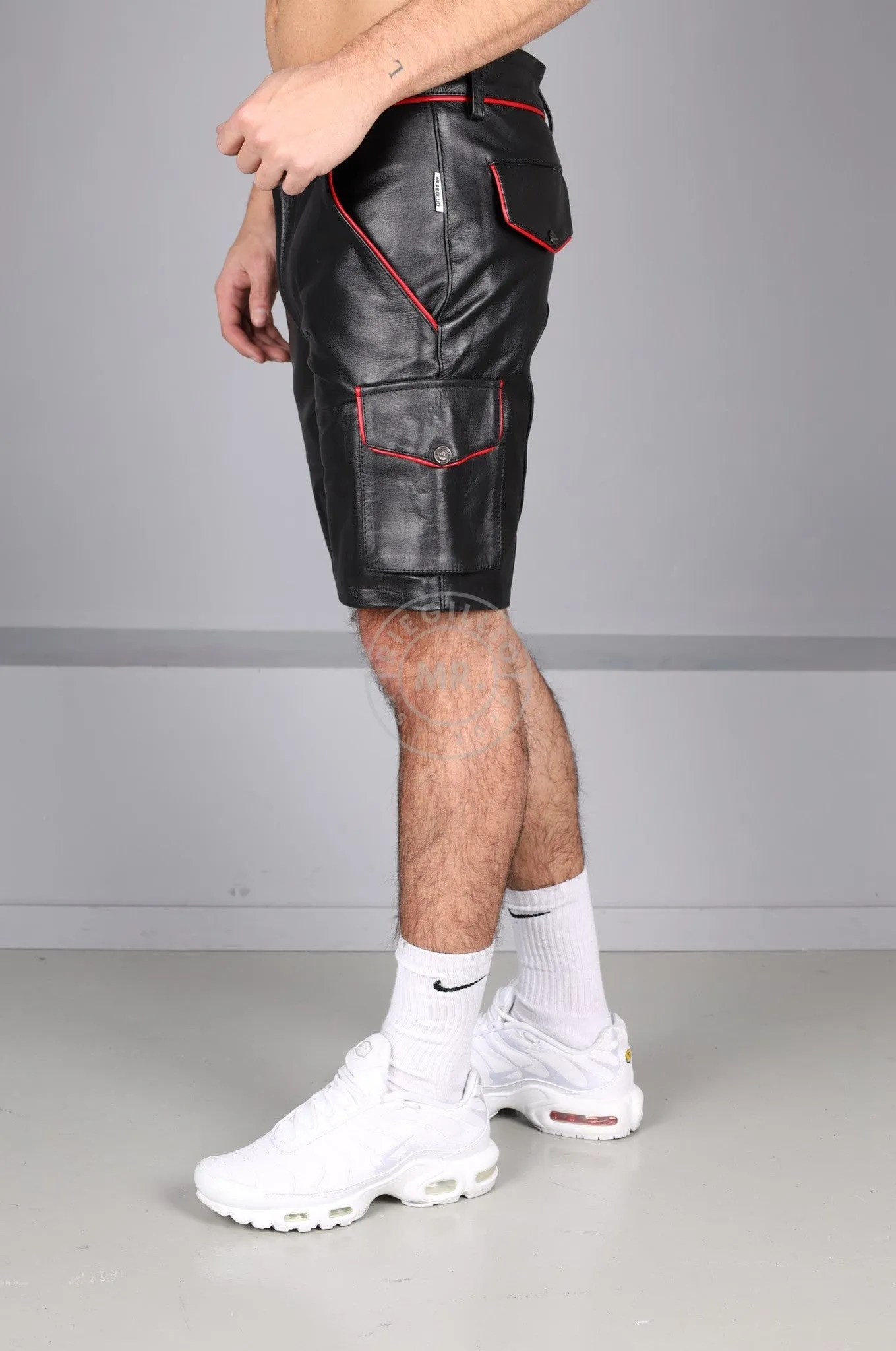 Black Leather Cargo Short - Red Piping
