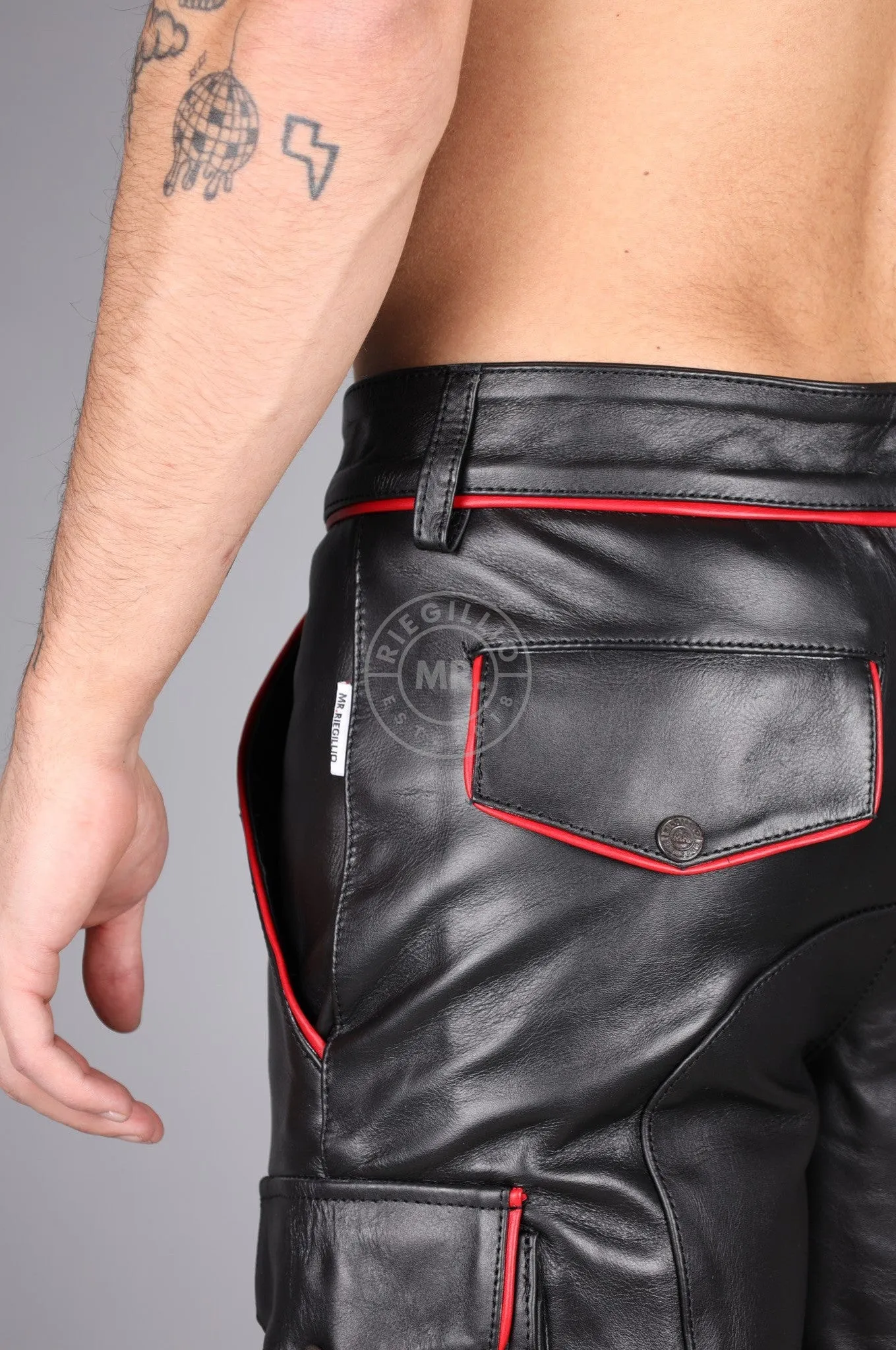 Black Leather Cargo Short - Red Piping