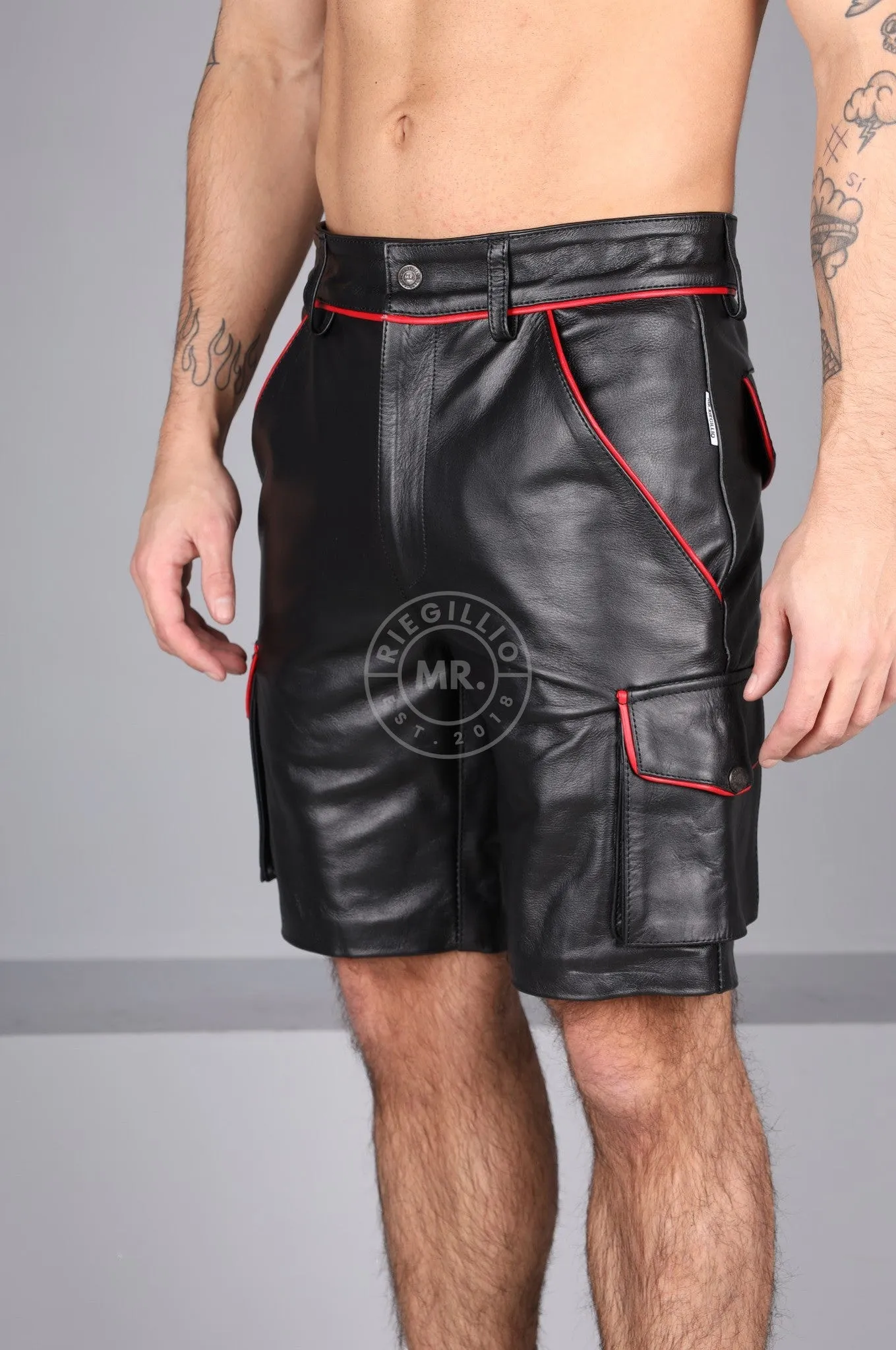 Black Leather Cargo Short - Red Piping