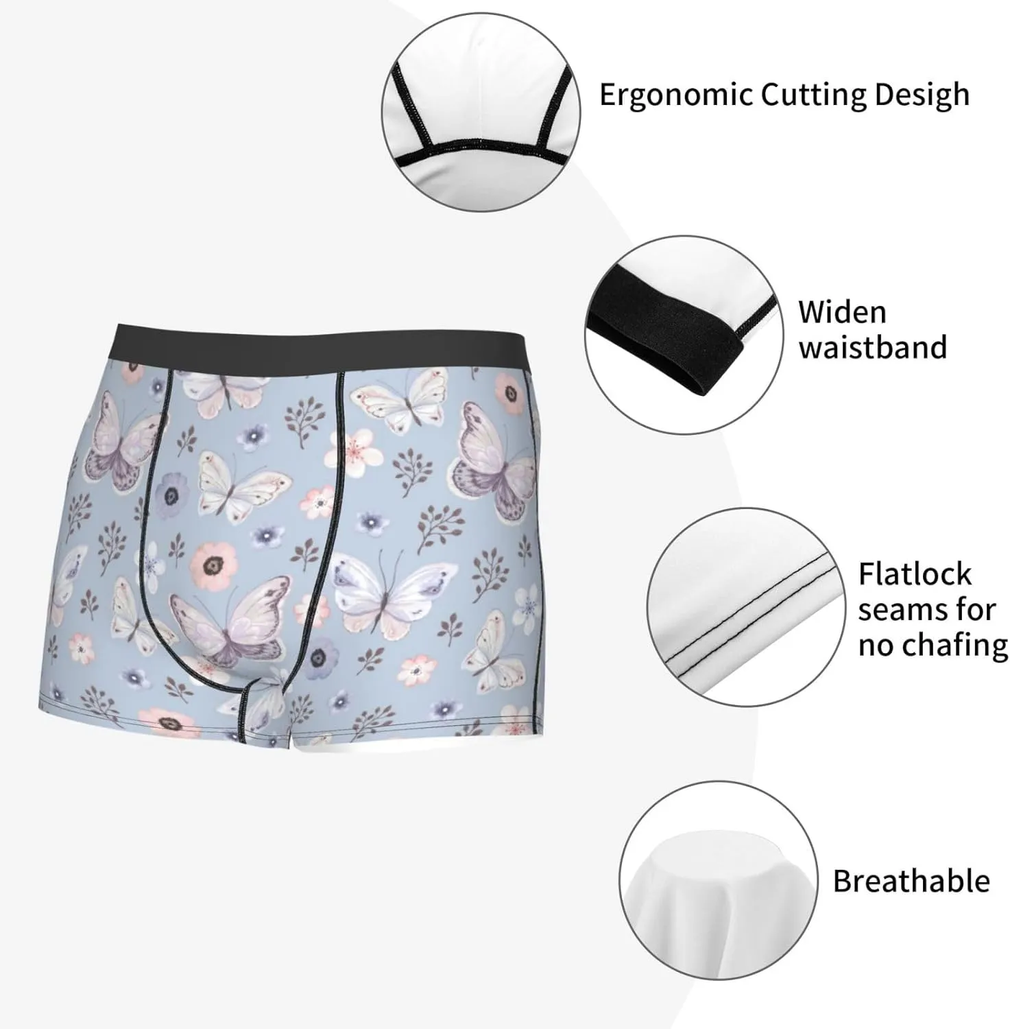 Blue Butterfly Print Boxer Briefs For Men Breathable Underwear-