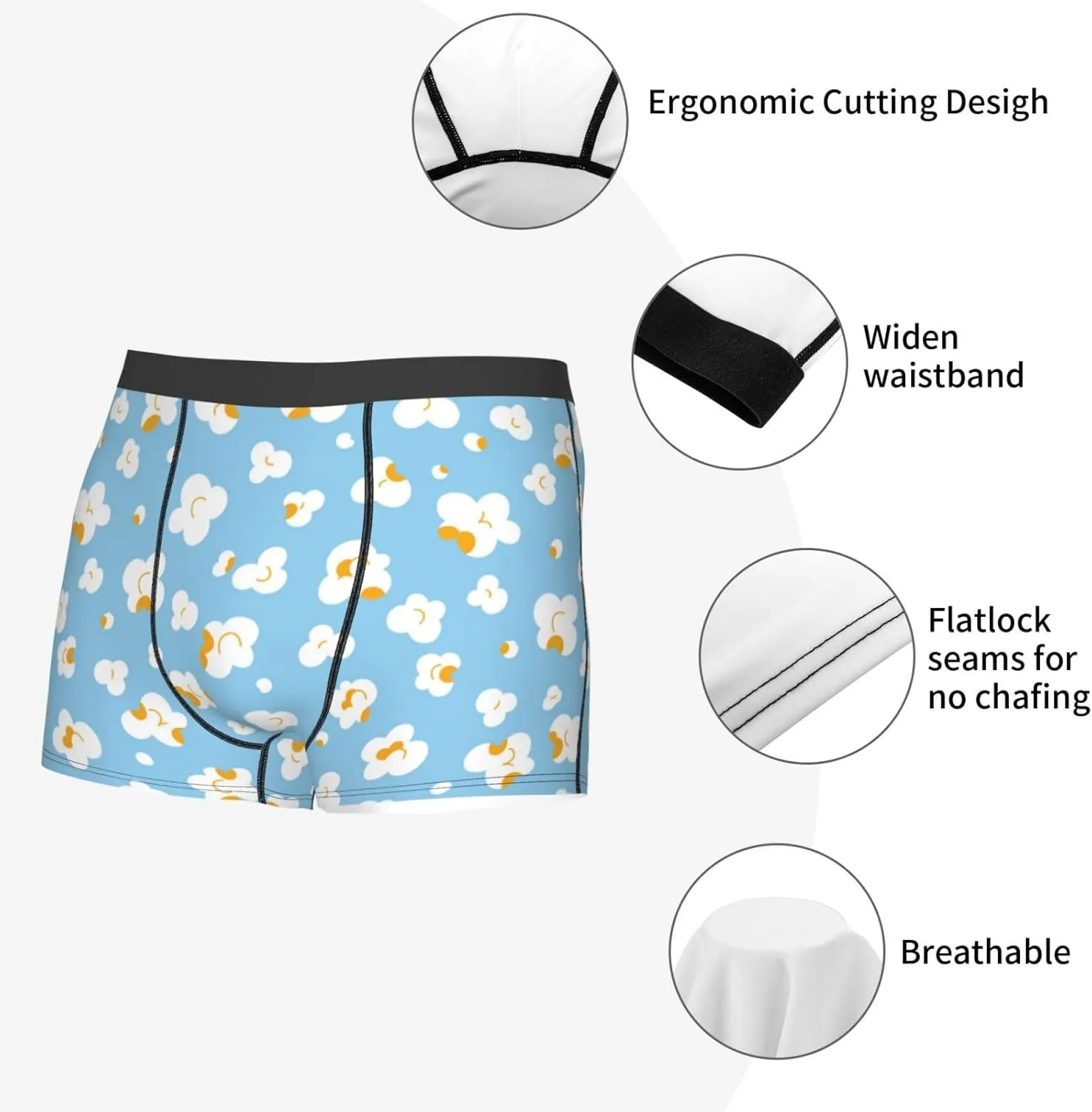 Blue Popcorn Print Boxer Briefs For Men Breathable Underwear-