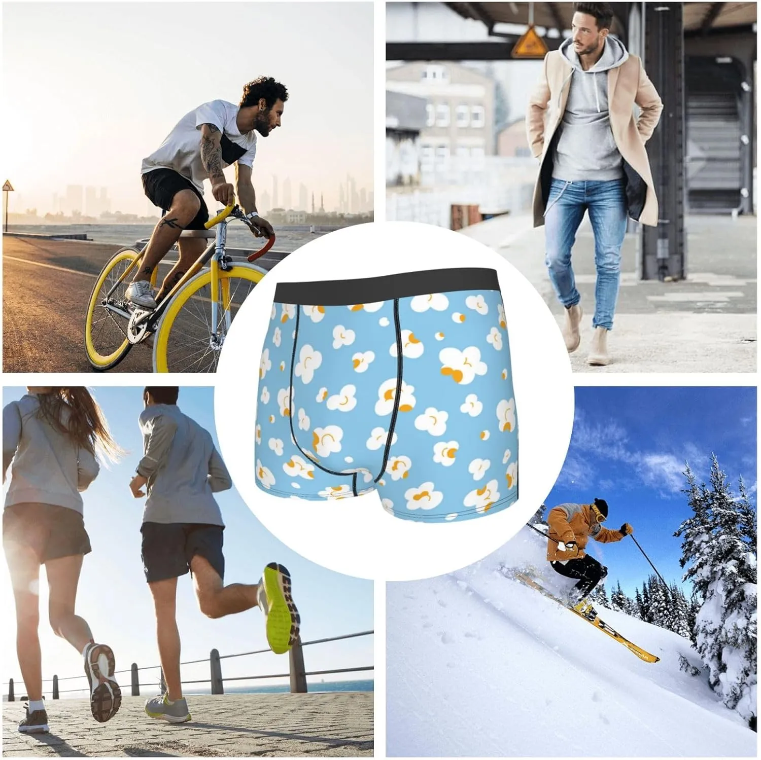 Blue Popcorn Print Boxer Briefs For Men Breathable Underwear-