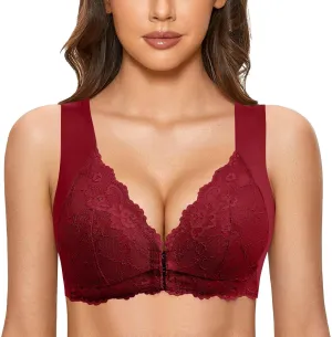 Bras for Women Front Closure No Underwire Sexy Floral Lace Deep V Bras Gather Push Up U-Back Smooth Seamless Comfy Bralettes