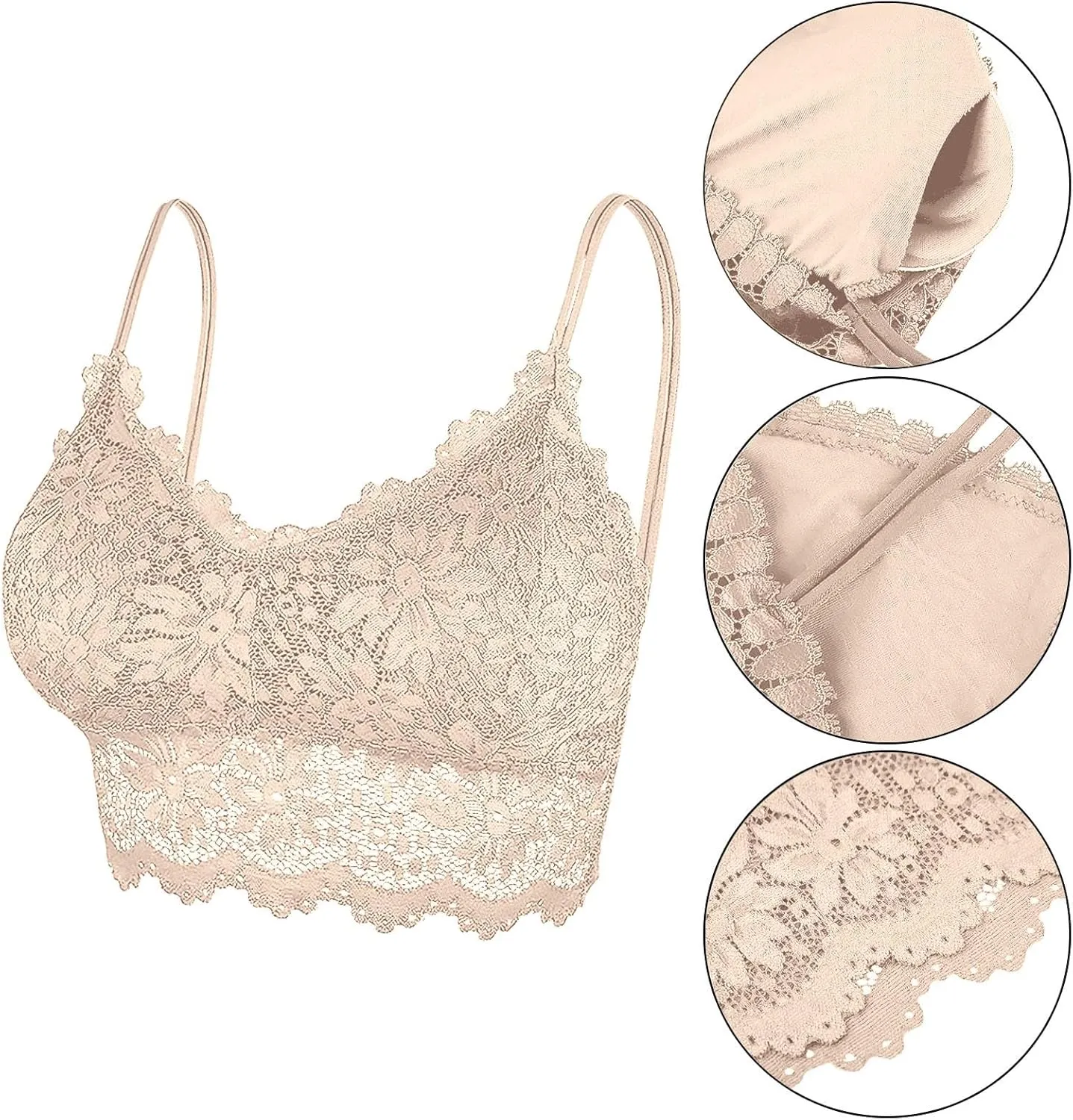 Cami Bras for Women 5 Pack Wireless Padded Lace Cami Beauty Back Bras Full Coverage Thin Light Comfort Longline Bralettes