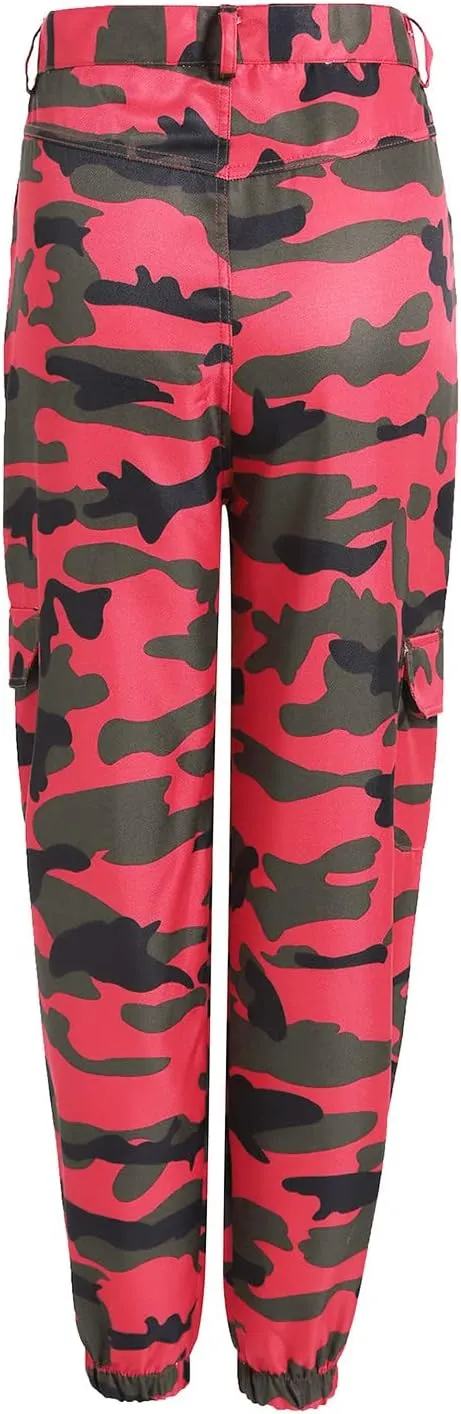 Camo Cargo Pants for Women High Waist Camouflage Jeans Pants Streetwear Pockets Retro Women Cargo Joggers Harem Pants
