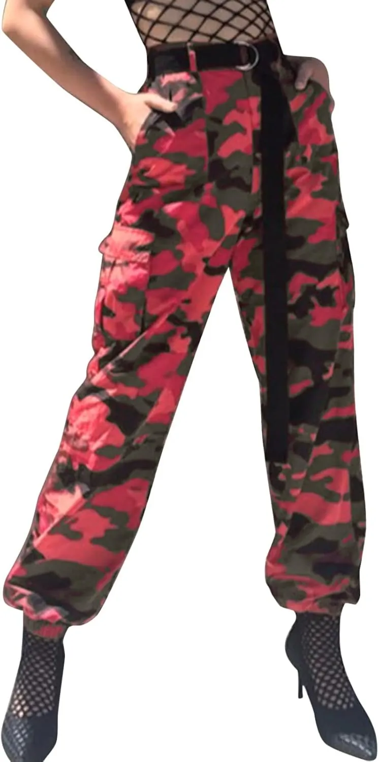 Camo Cargo Pants for Women High Waist Camouflage Jeans Pants Streetwear Pockets Retro Women Cargo Joggers Harem Pants