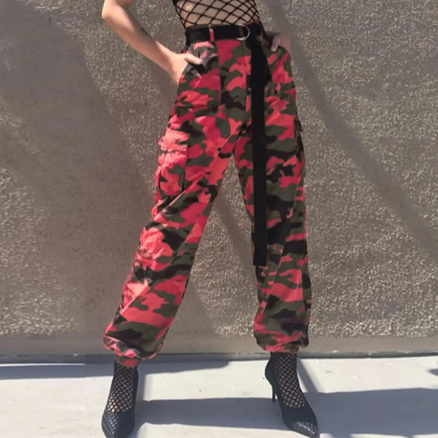 Camo Cargo Pants for Women High Waist Camouflage Jeans Pants Streetwear Pockets Retro Women Cargo Joggers Harem Pants