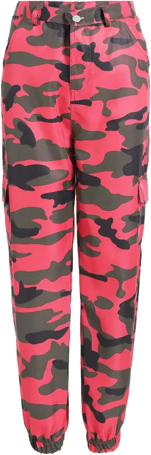 Camo Cargo Pants for Women High Waist Camouflage Jeans Pants Streetwear Pockets Retro Women Cargo Joggers Harem Pants