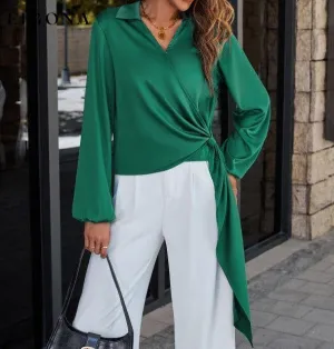 Casual V-neck trendy streamer Long Sleeve Satin Shirt, womens Top