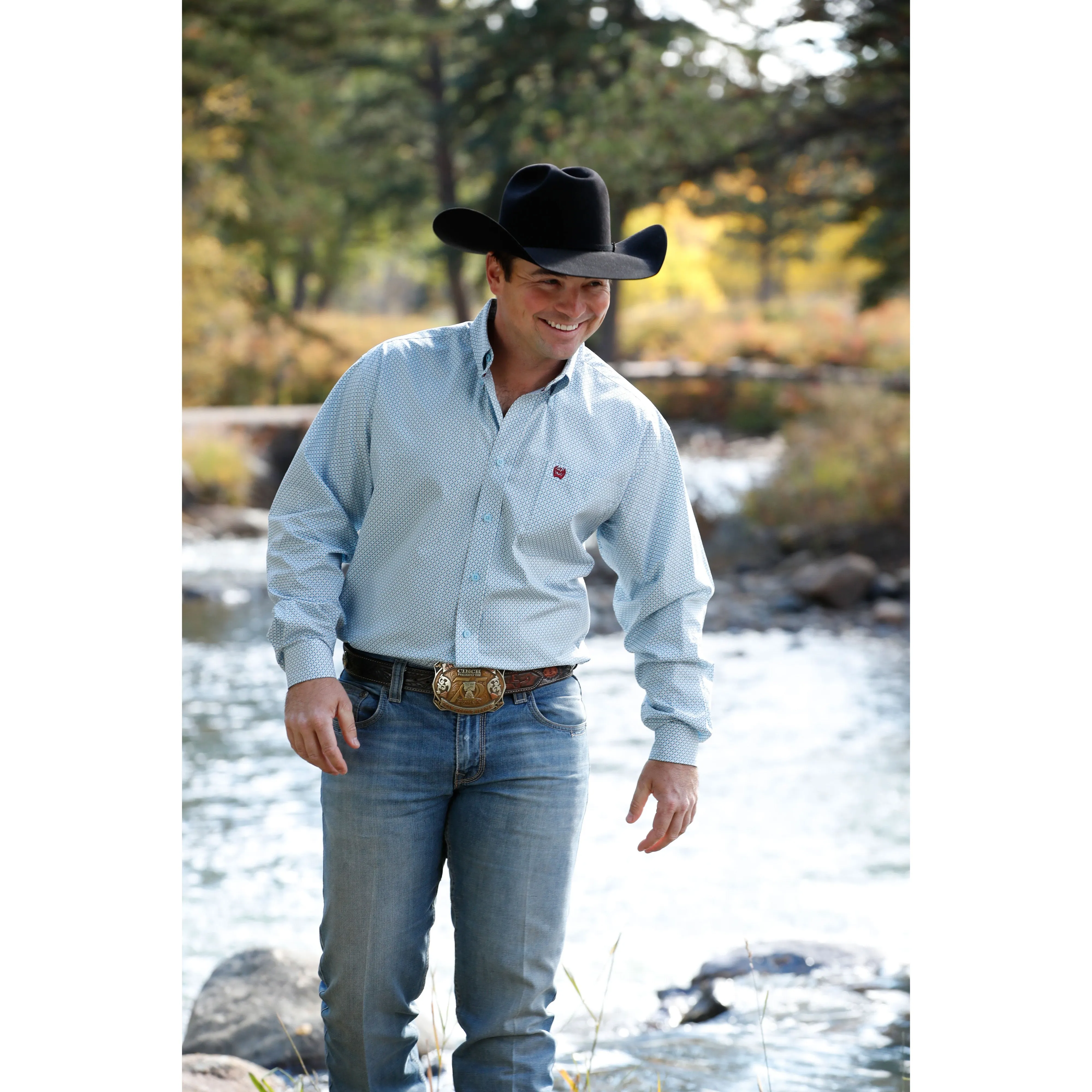 Cinch Men's Light Blue Geometric Button Down Western Shirt