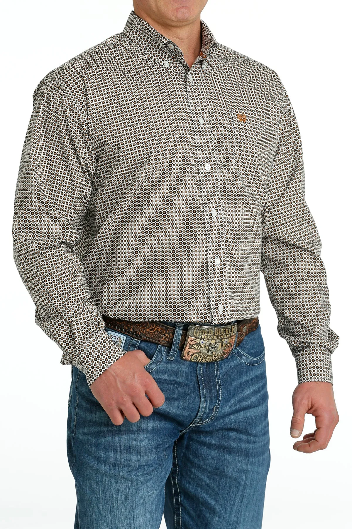 Cinch Men's White and Gold Geometric Print Western Shirt