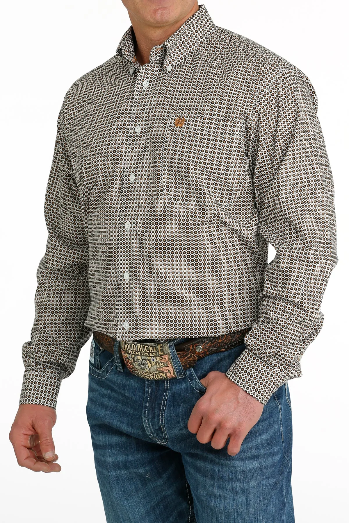Cinch Men's White and Gold Geometric Print Western Shirt