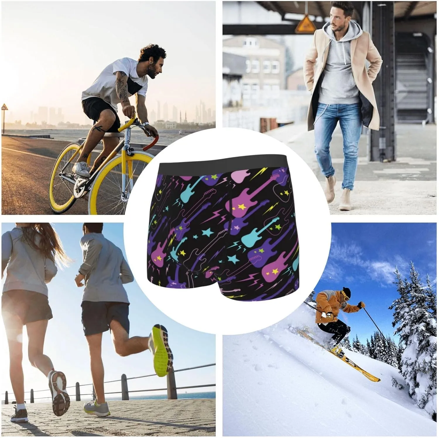 Colorful Guitar Print Boxer Briefs For Men Breathable Underwear-