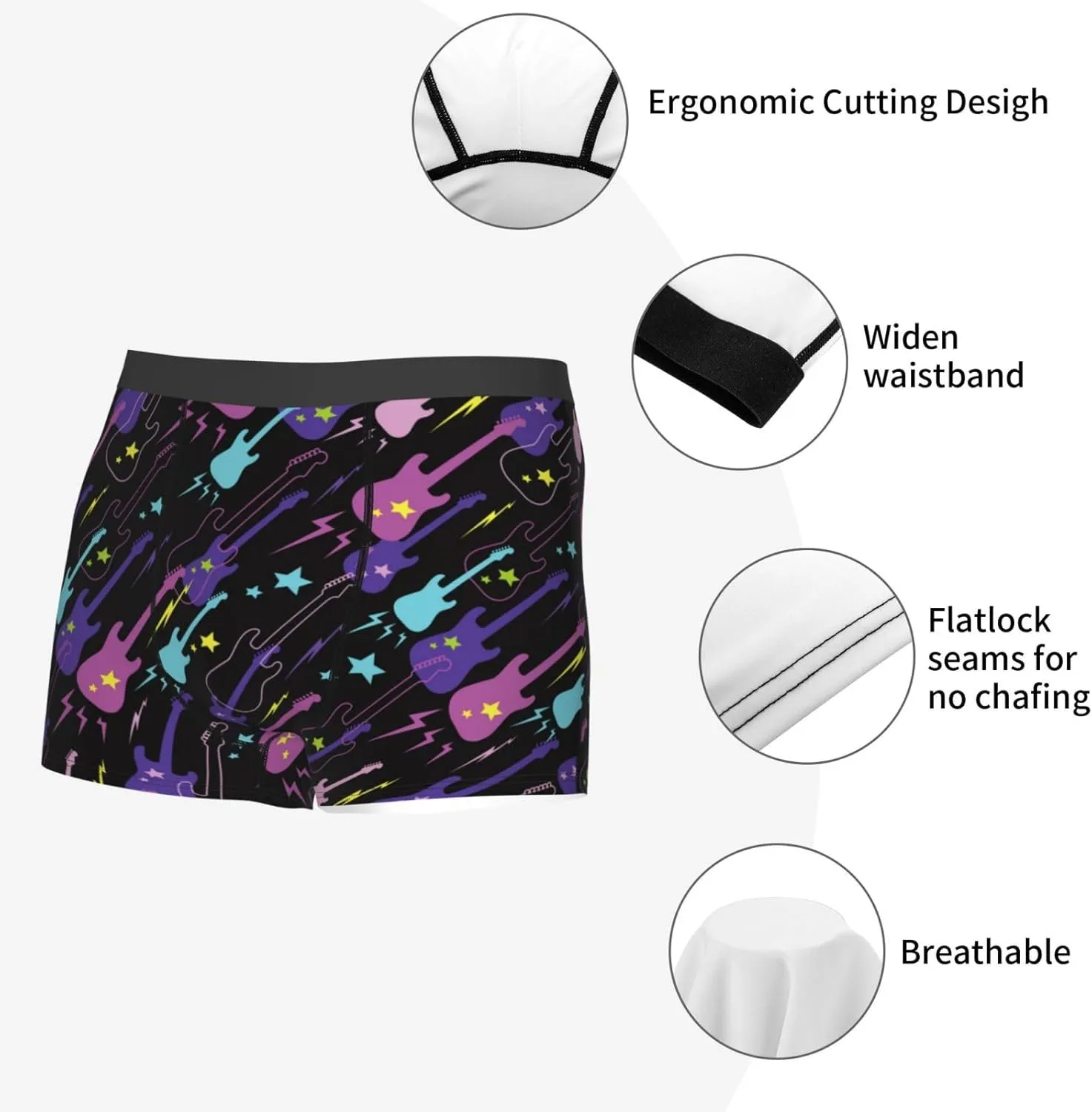 Colorful Guitar Print Boxer Briefs For Men Breathable Underwear-